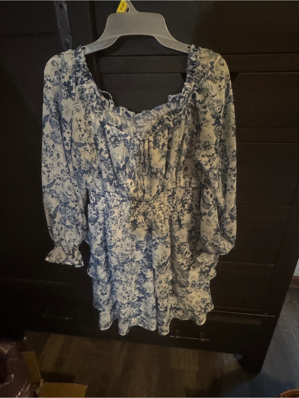 Justify Blue and White Floral Smocked-Waist Peasant Top